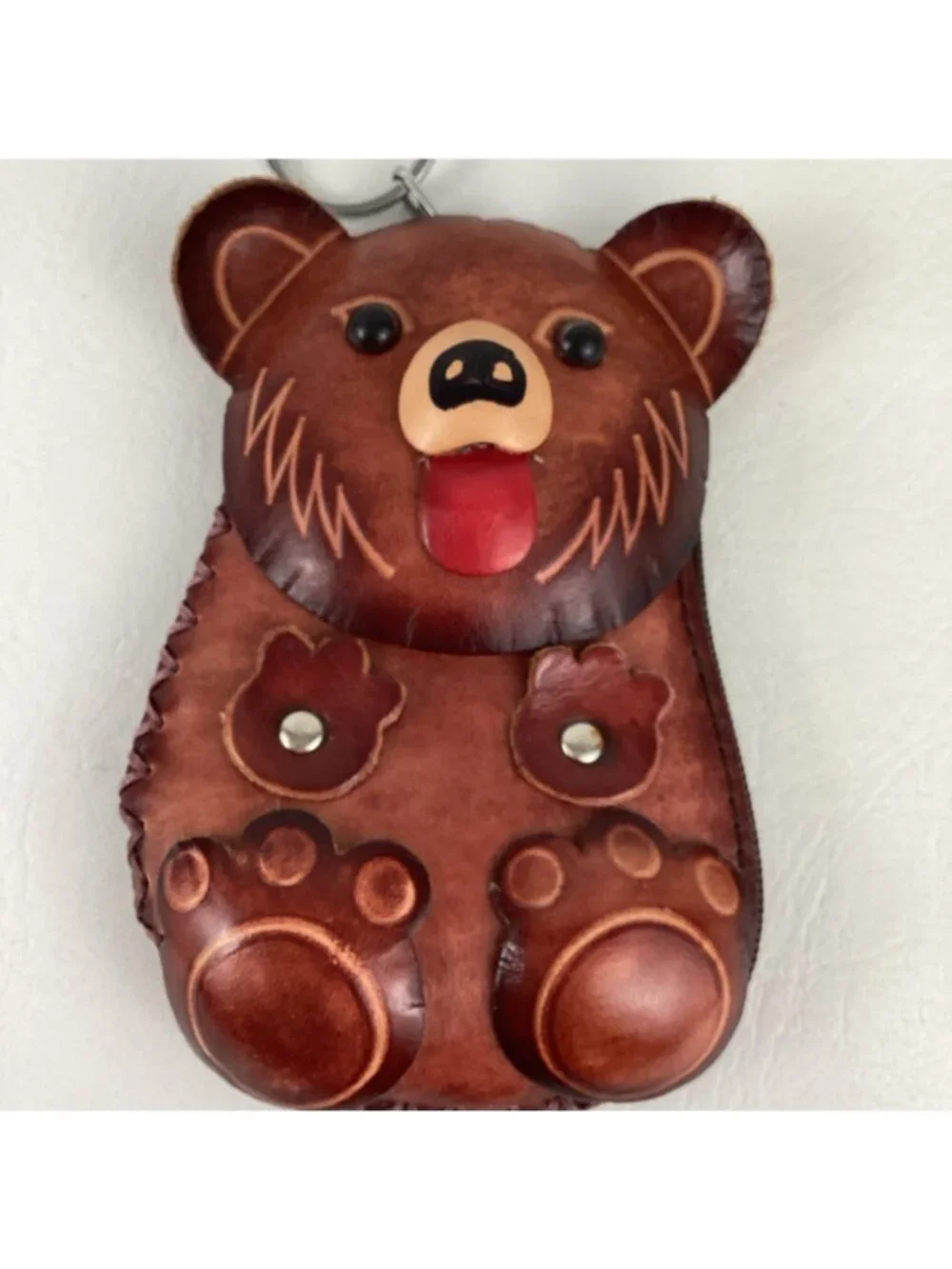 Hand Tooled Leather 3D Bear Coin Purse Wristlet Wallet Keychain Zip Around - Picture 2 of 10